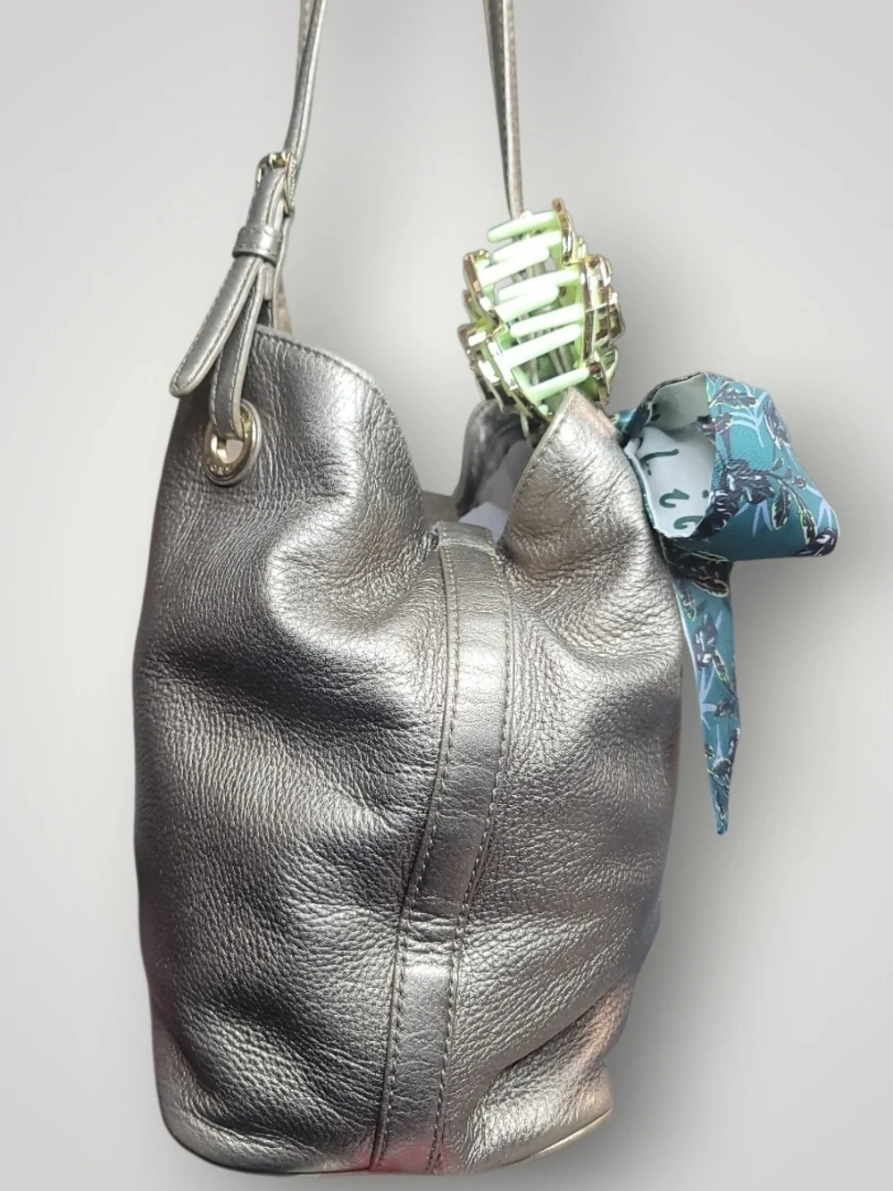 Michael Kors Gold Leather Shoulder Tote with Teal Floral Scarf And Hairclip